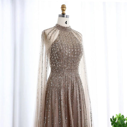 Luxury Beaded Turquoise Evening Dress with Cape SS085