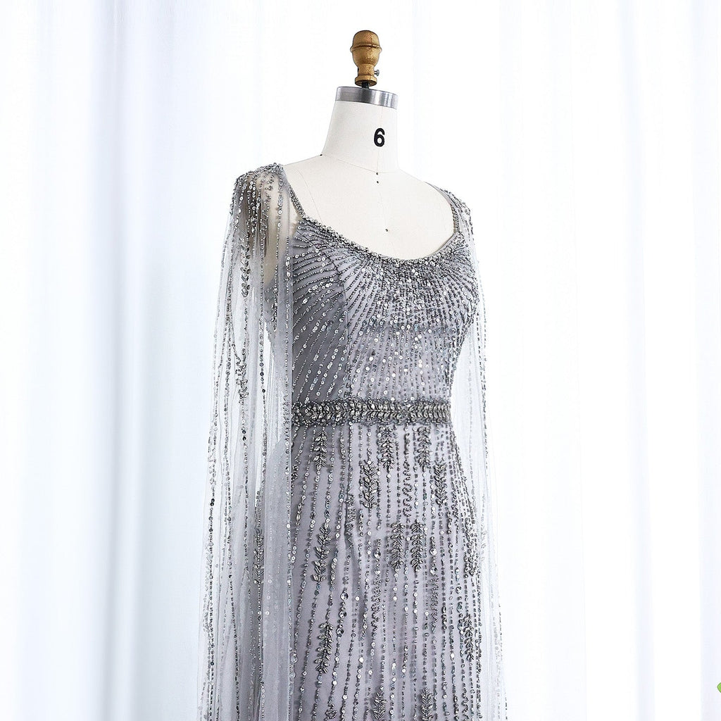 Luxury Beaded Champagne Evening Dress with Cape SS590