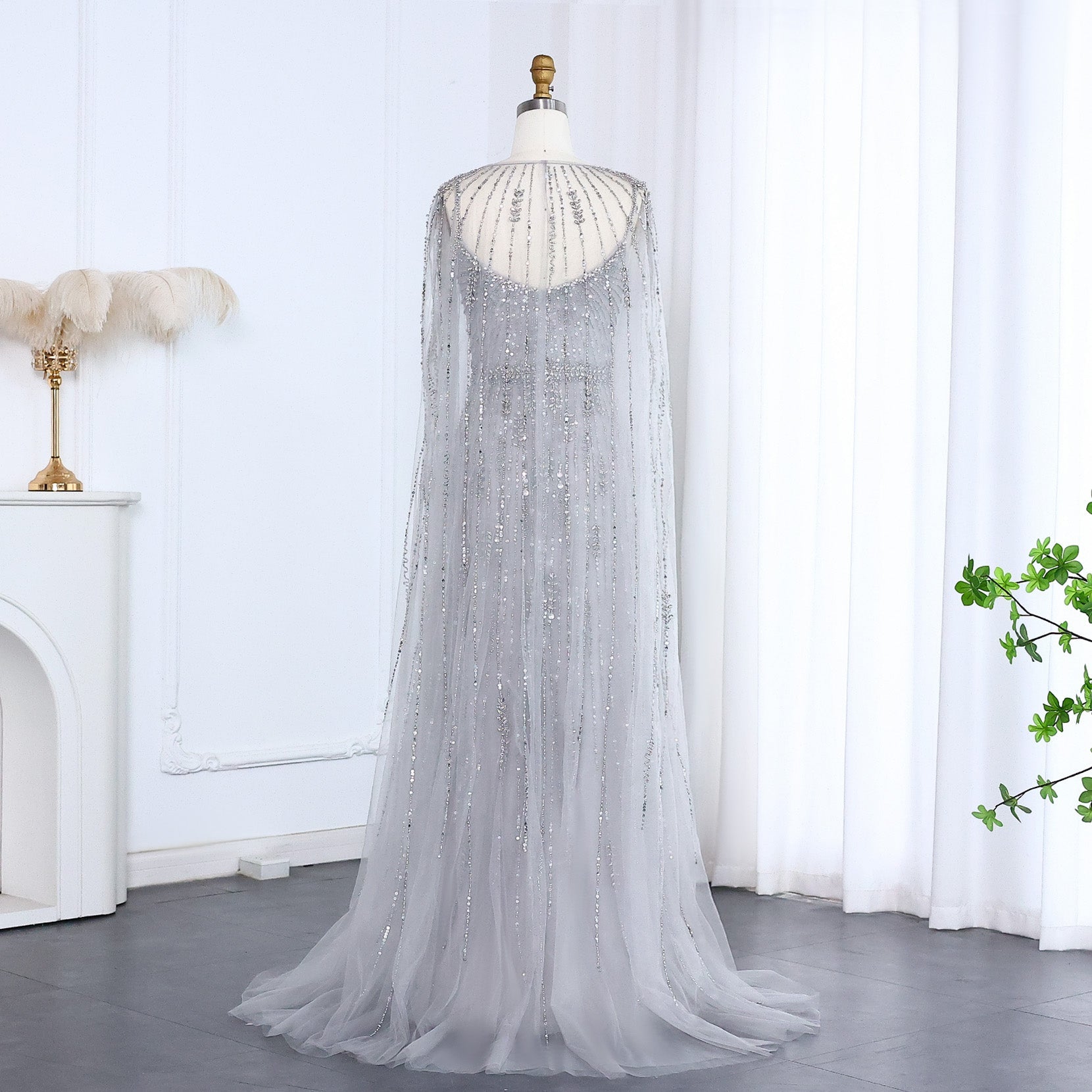Luxury Beaded Champagne Evening Dress with Cape SS590