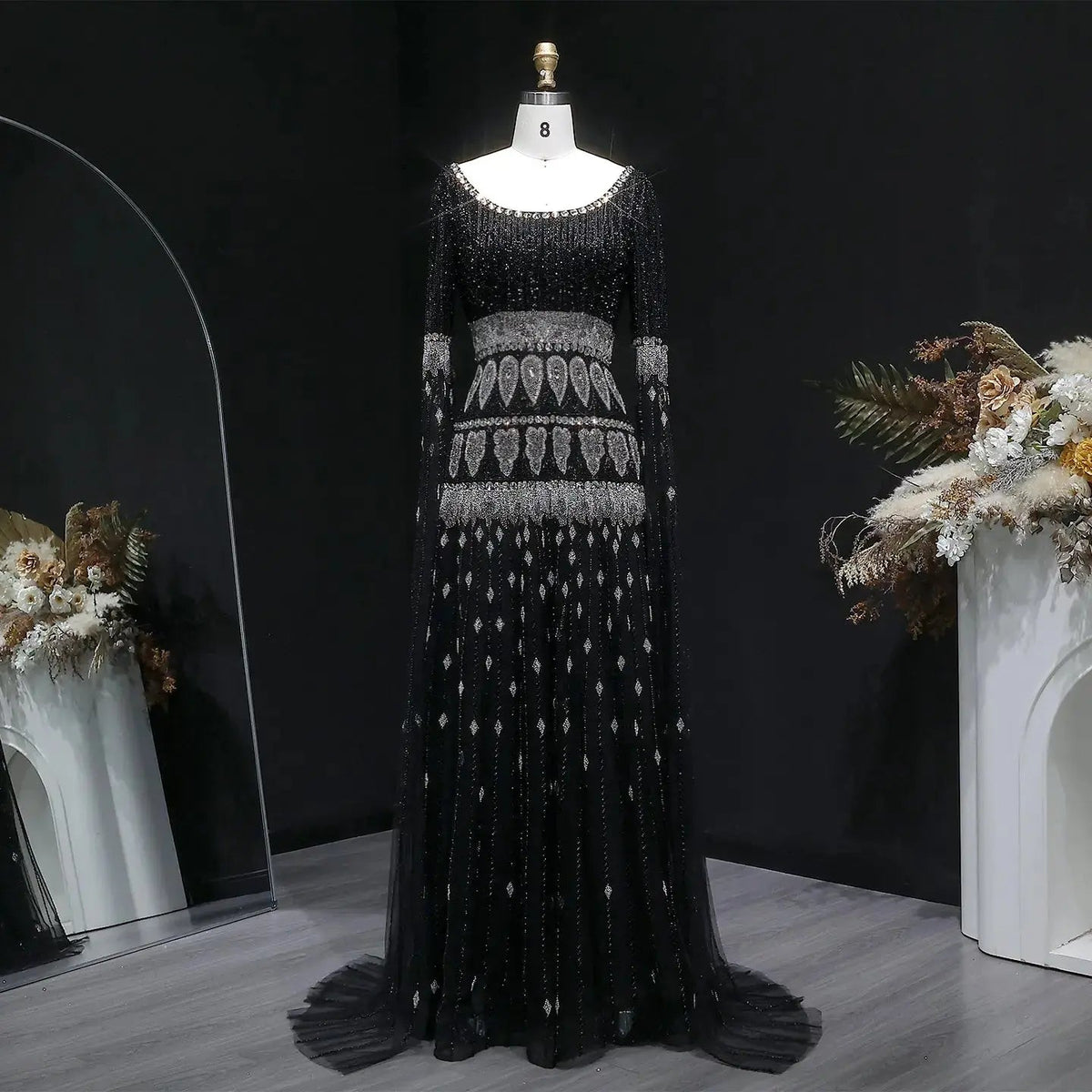 Luxury Purple Beaded Crystal Cape Sleeve Evening Dress SS009