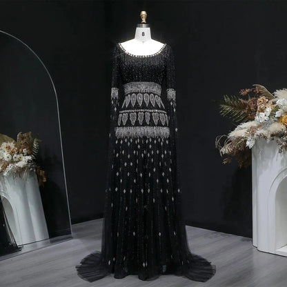 Luxury Purple Beaded Crystal Cape Sleeve Evening Dress SS009