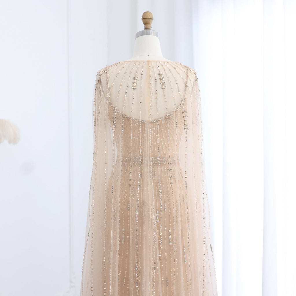 Luxury Beaded Champagne Evening Dress with Cape SS590