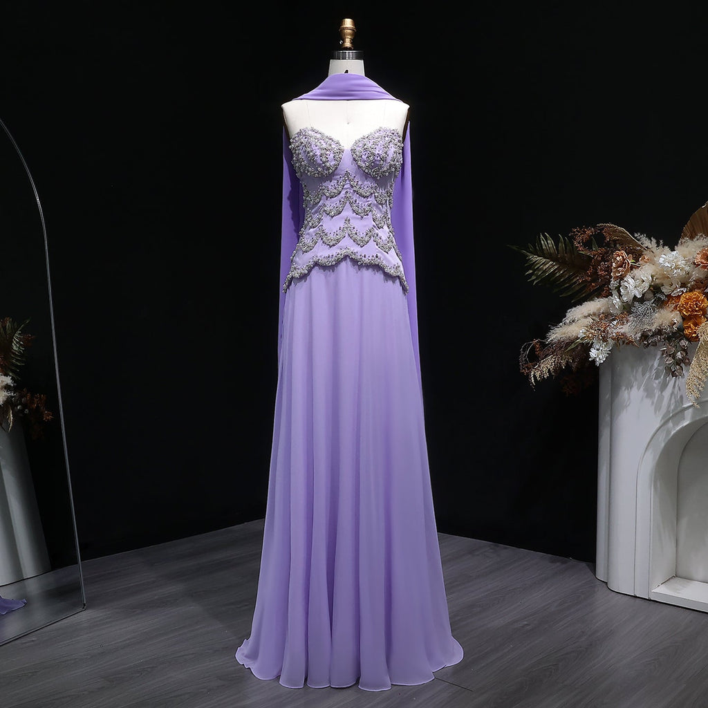 Elegant Purple Beaded Pearl Sweetheart Evening Dress with Scarf SS753