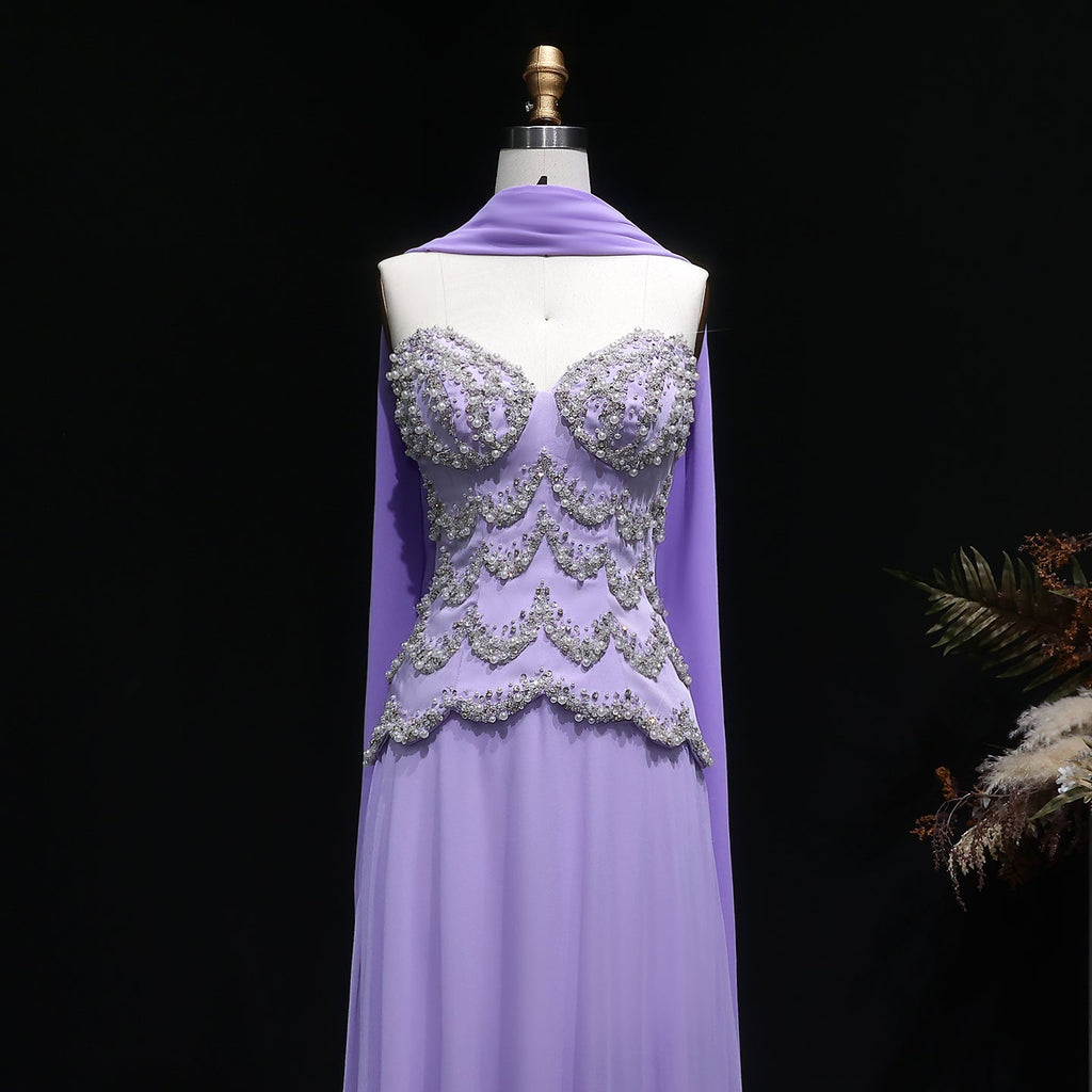 Elegant Purple Beaded Pearl Sweetheart Evening Dress with Scarf SS753