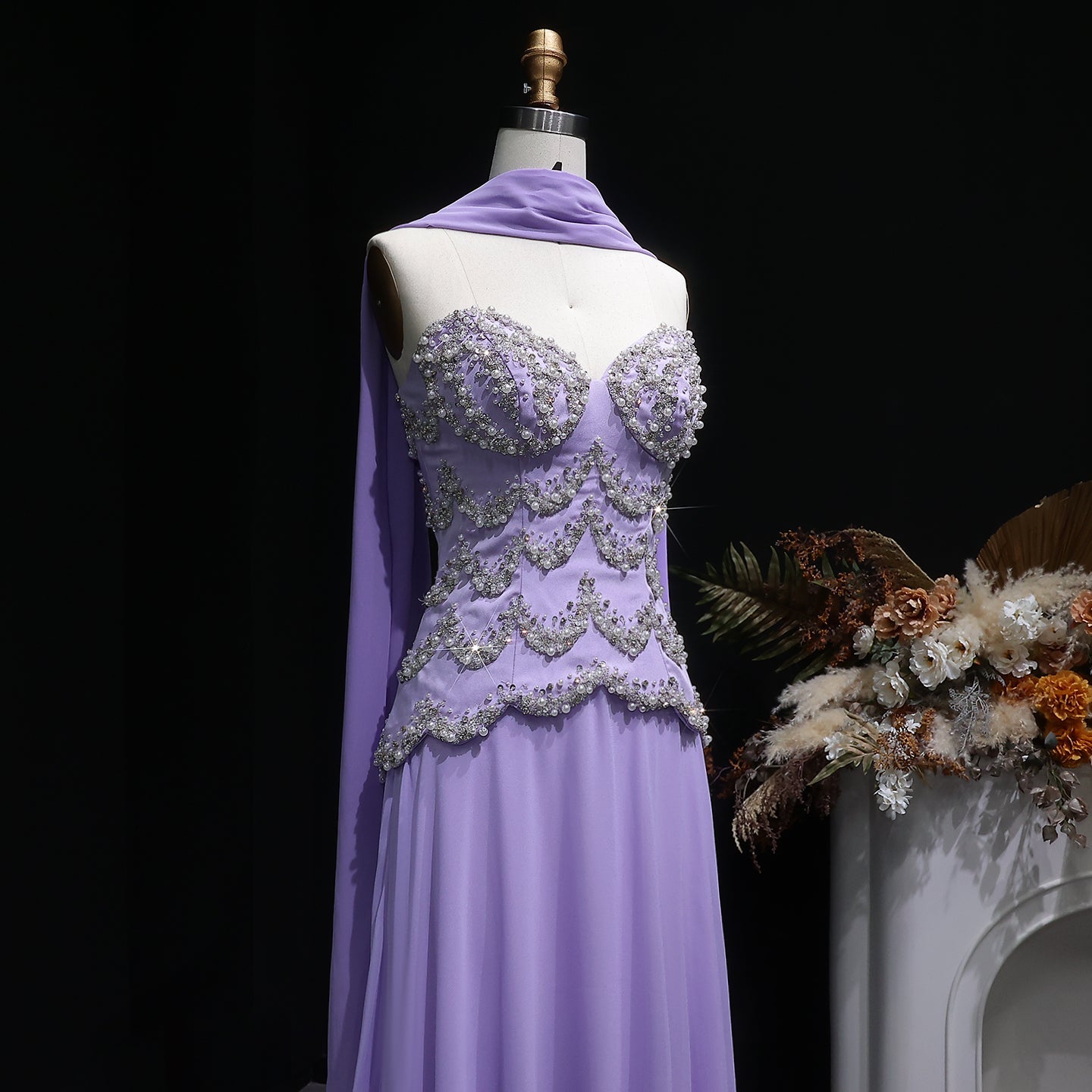 Elegant Purple Beaded Pearl Sweetheart Evening Dress with Scarf SS753