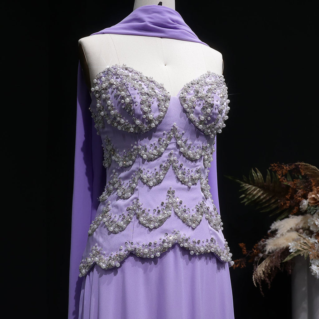 Elegant Purple Beaded Pearl Sweetheart Evening Dress with Scarf SS753