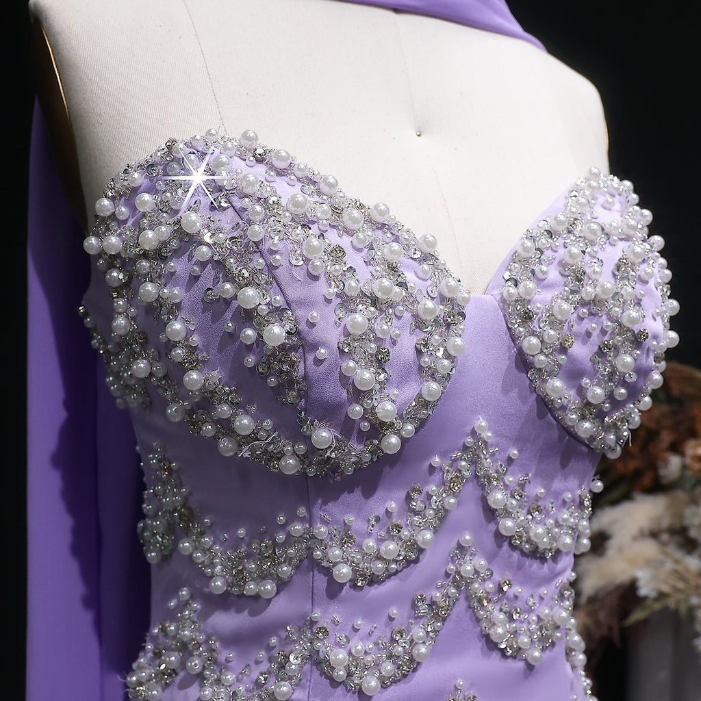 Elegant Purple Beaded Pearl Sweetheart Evening Dress with Scarf SS753