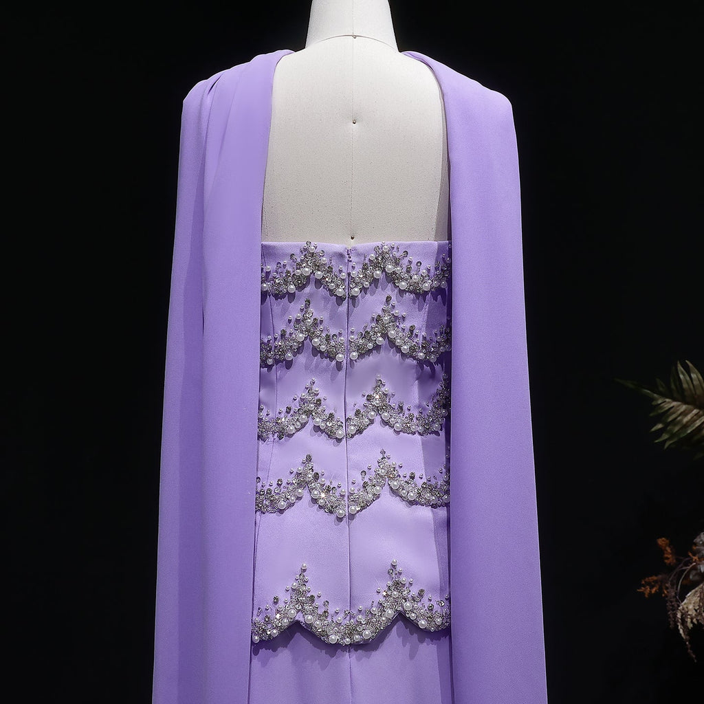 Elegant Purple Beaded Pearl Sweetheart Evening Dress with Scarf SS753