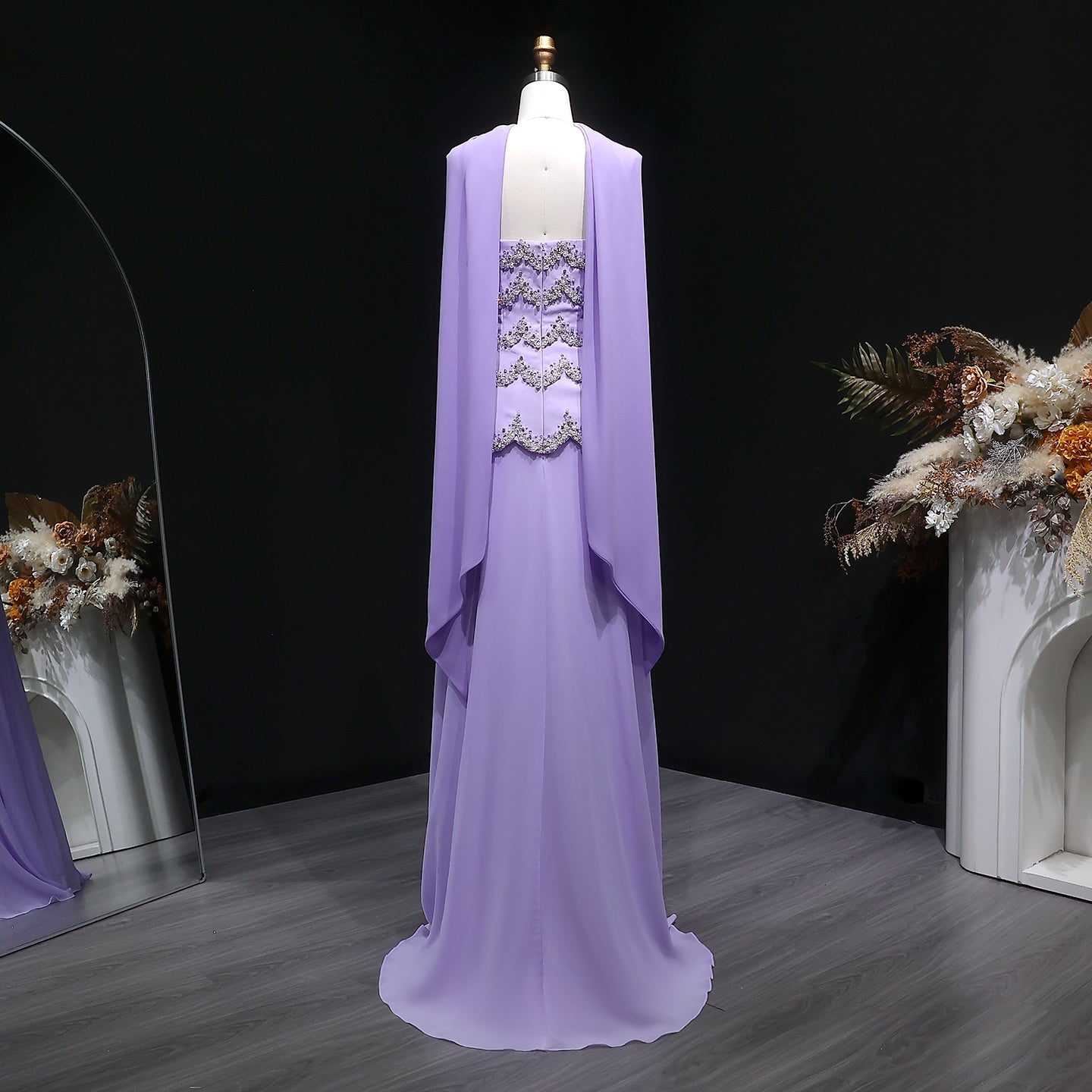 Elegant Purple Beaded Pearl Sweetheart Evening Dress with Scarf SS753