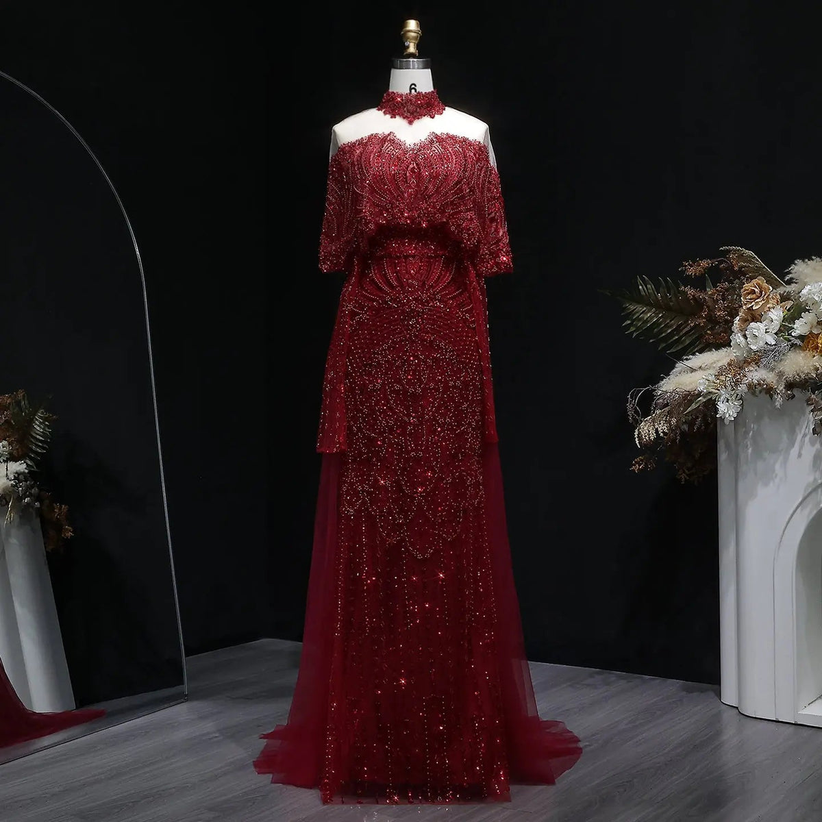Luxury Gray Beaded Crystal Evening Dress with Cape SS557