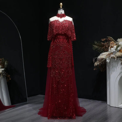 Luxury Gray Beaded Crystal Evening Dress with Cape SS557