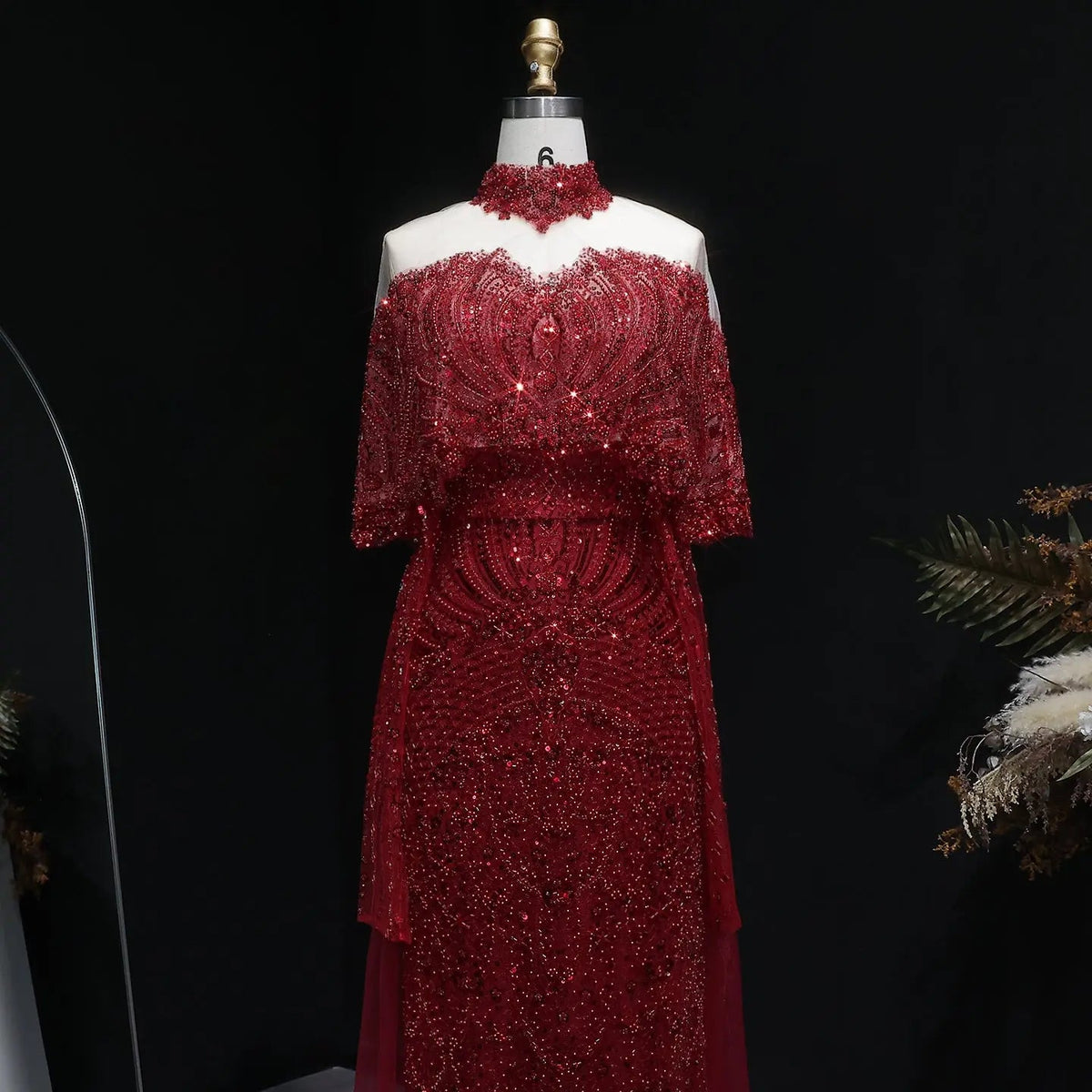 Luxury Gray Beaded Crystal Evening Dress with Cape SS557