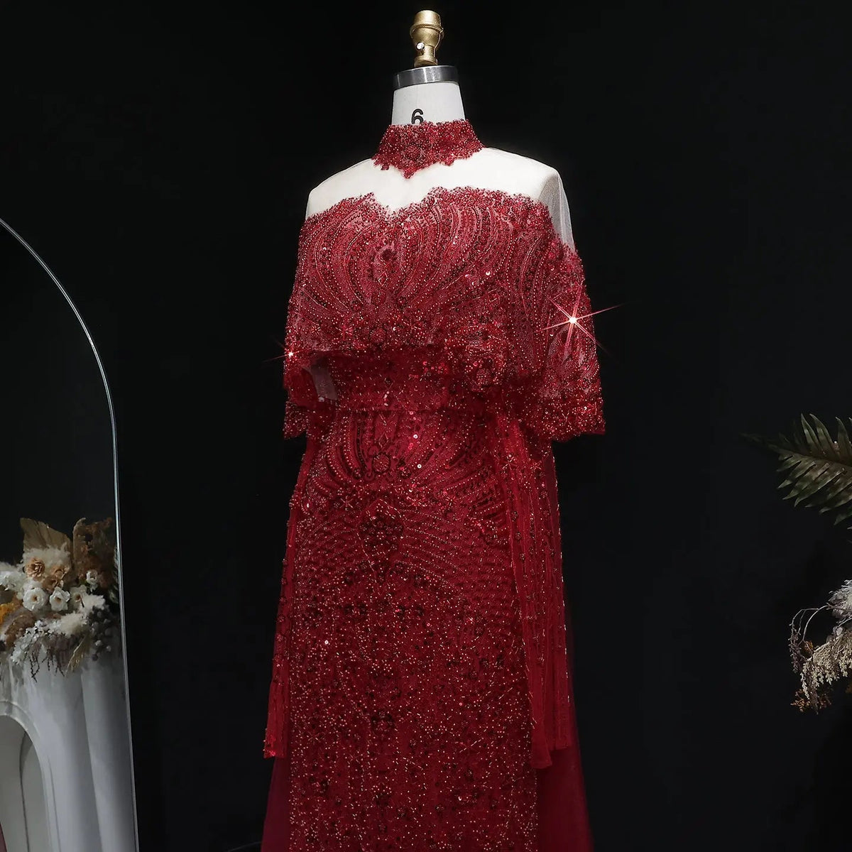 Luxury Gray Beaded Crystal Evening Dress with Cape SS557