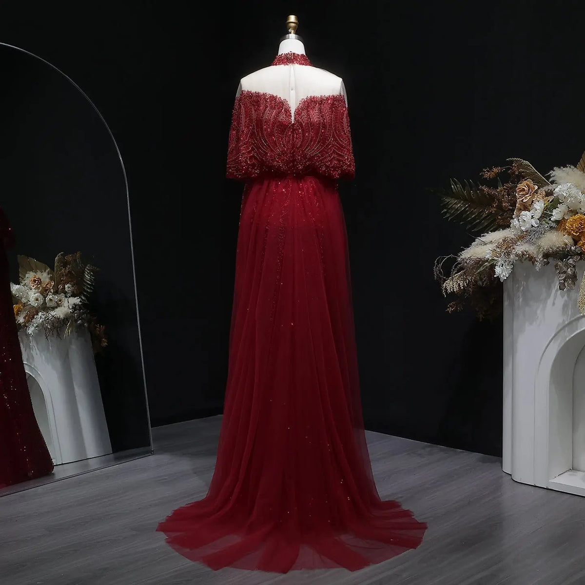 Luxury Gray Beaded Crystal Evening Dress with Cape SS557