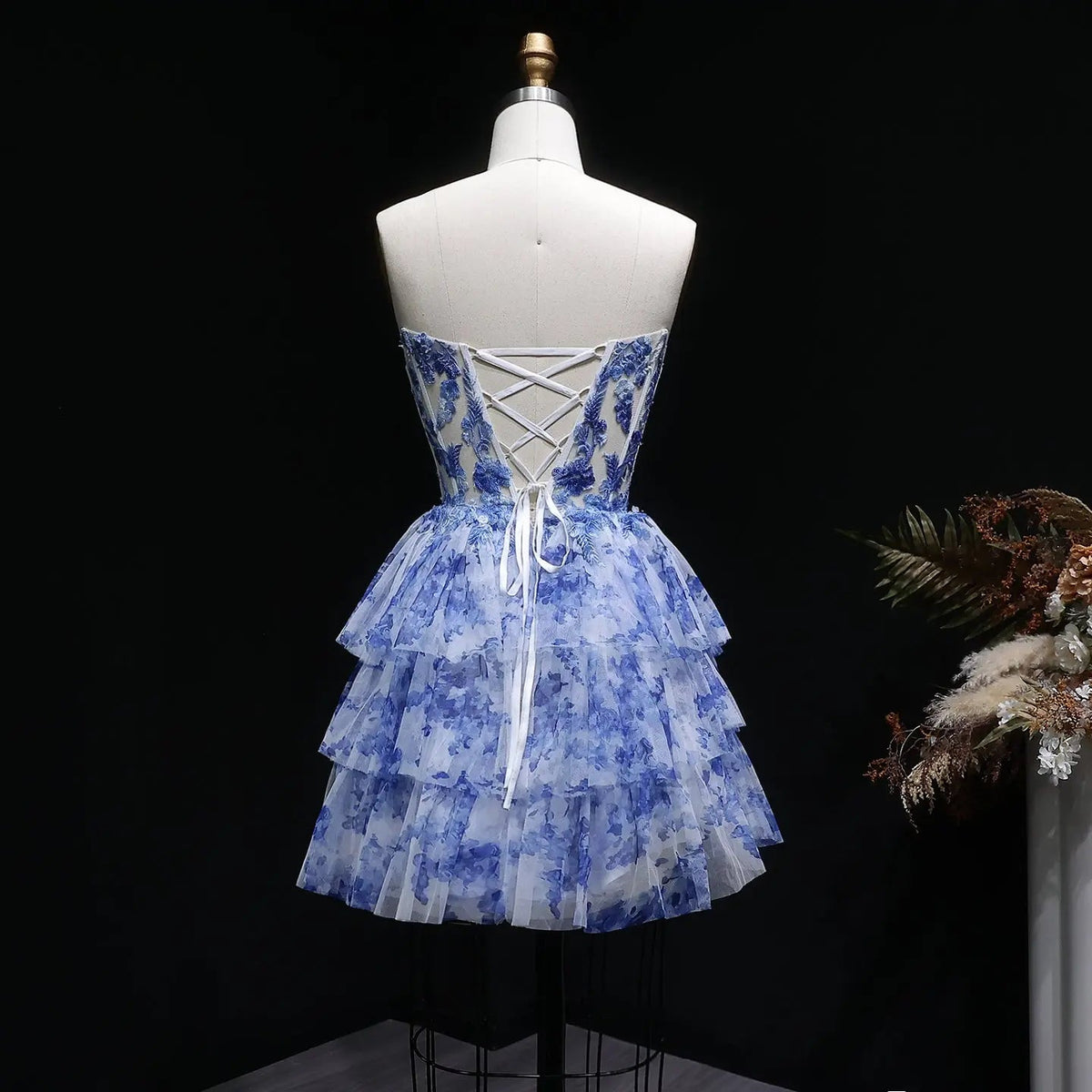 Blue Floral Tulle Corset Mini Dress Strapless Tiered Ruffle Homecoming Party Dress RM127