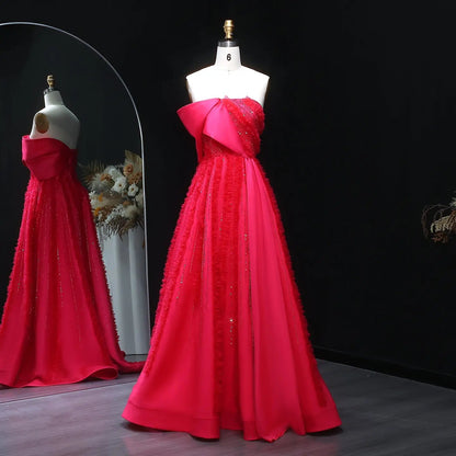 Luxury Fuchsia Beaded Textured Ball Gown Train Evening Dress XD042
