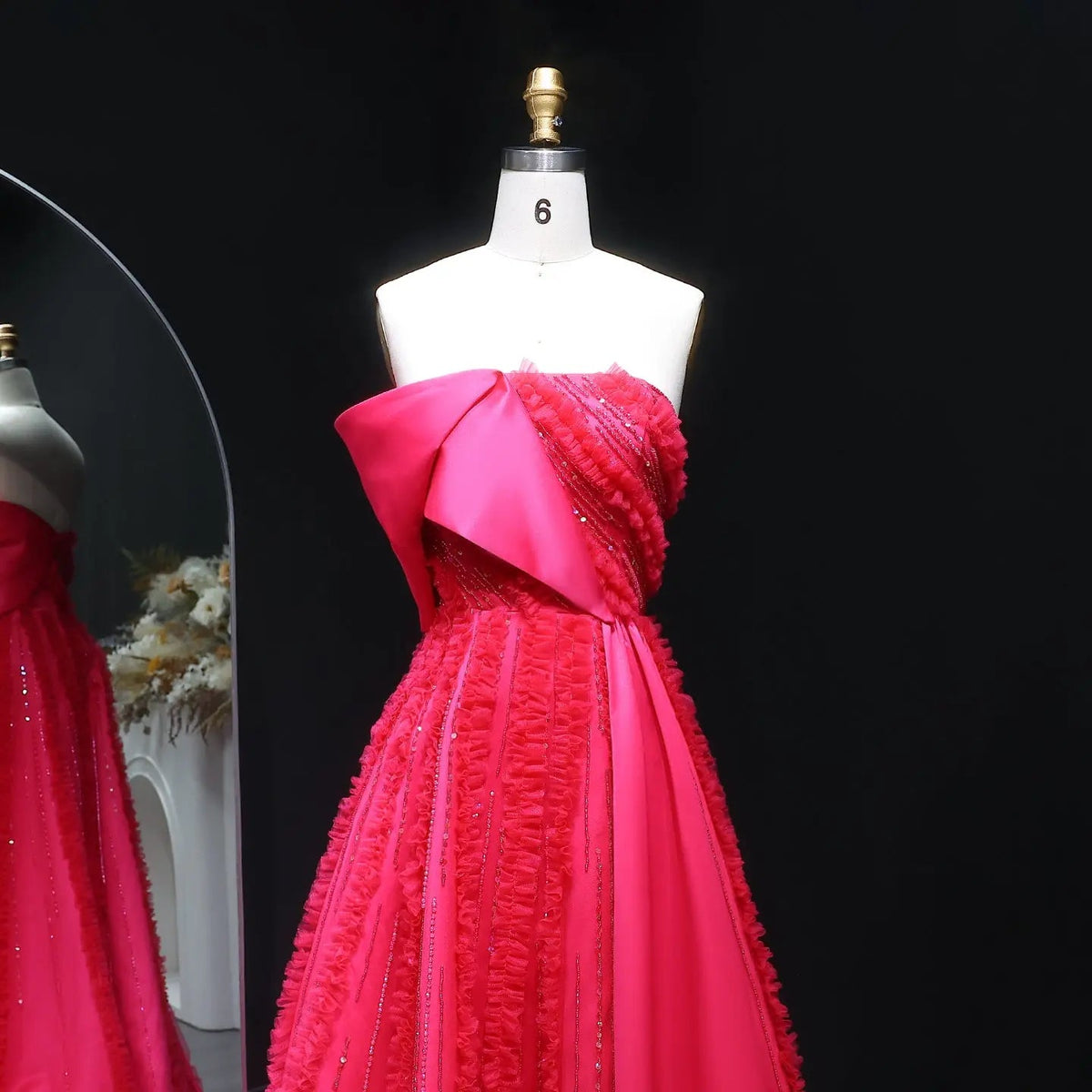 Luxury Fuchsia Beaded Textured Ball Gown Train Evening Dress XD042