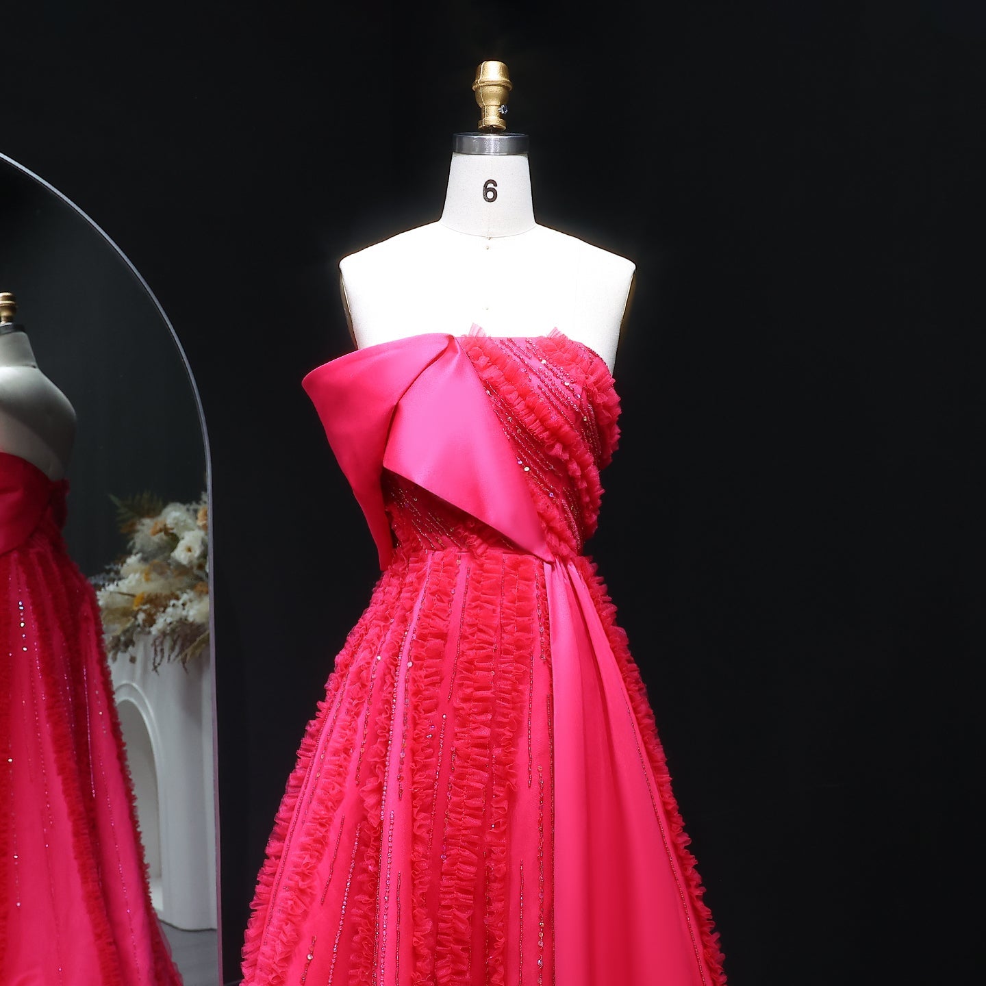 Luxury Beaded Fuchsia Ball Gown with Train Evening Dress XD042