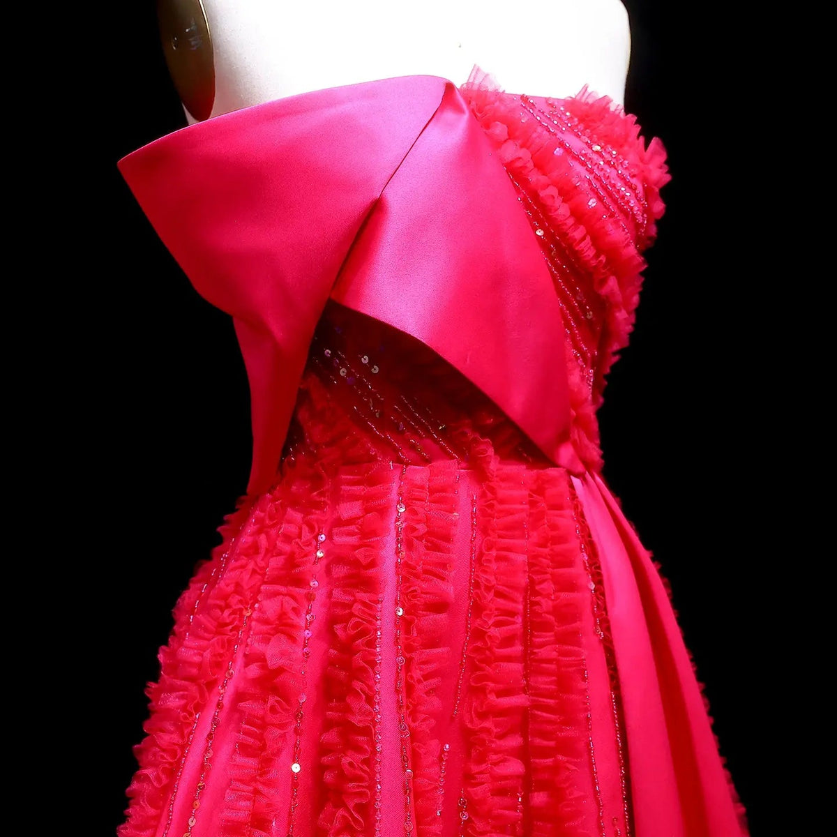Luxury Fuchsia Beaded Textured Ball Gown Train Evening Dress XD042