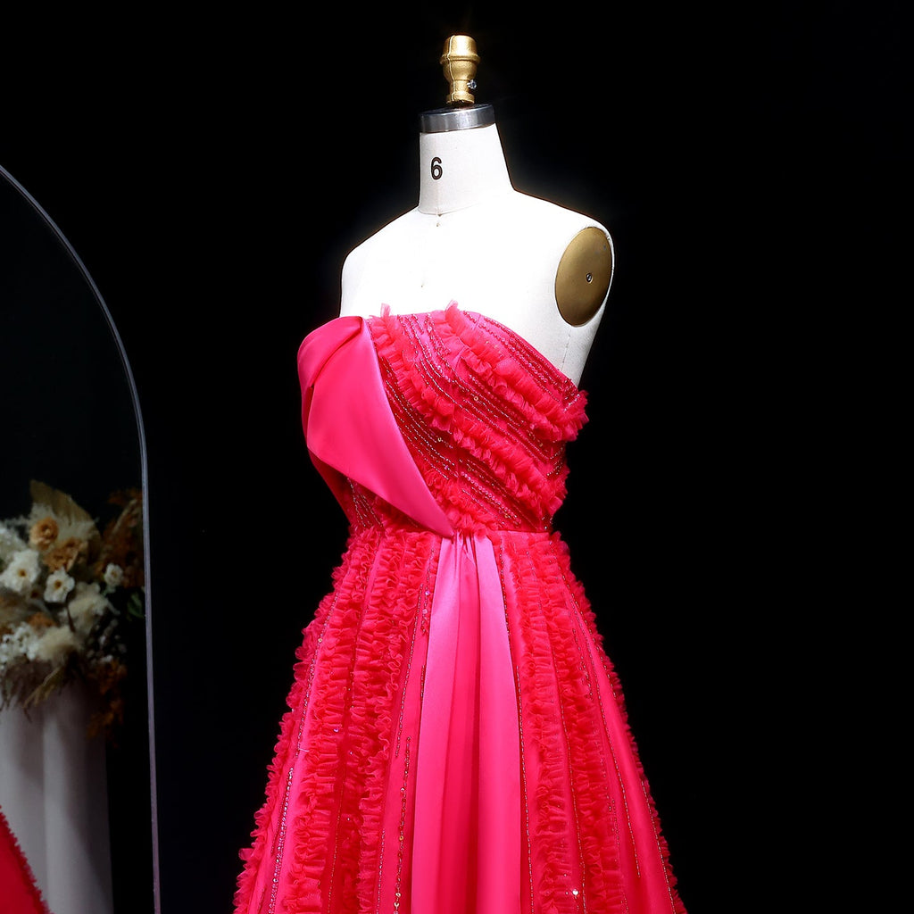 Luxury Beaded Fuchsia Ball Gown with Train Evening Dress XD042
