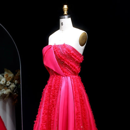 Luxury Fuchsia Beaded Textured Ball Gown Train Evening Dress XD042