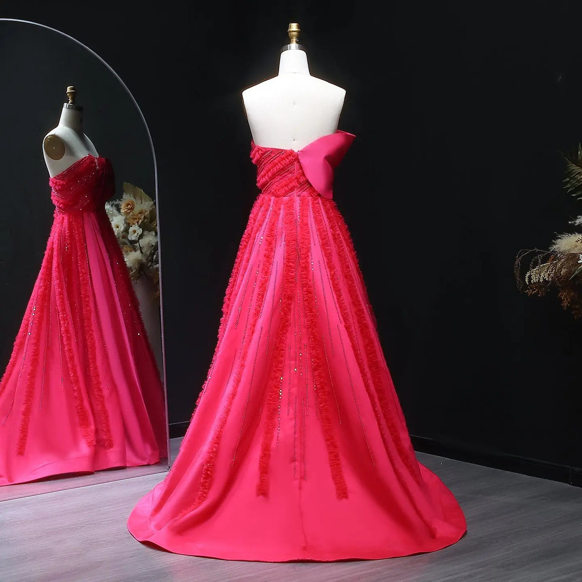 Luxury Fuchsia Beaded Textured Ball Gown Train Evening Dress XD042