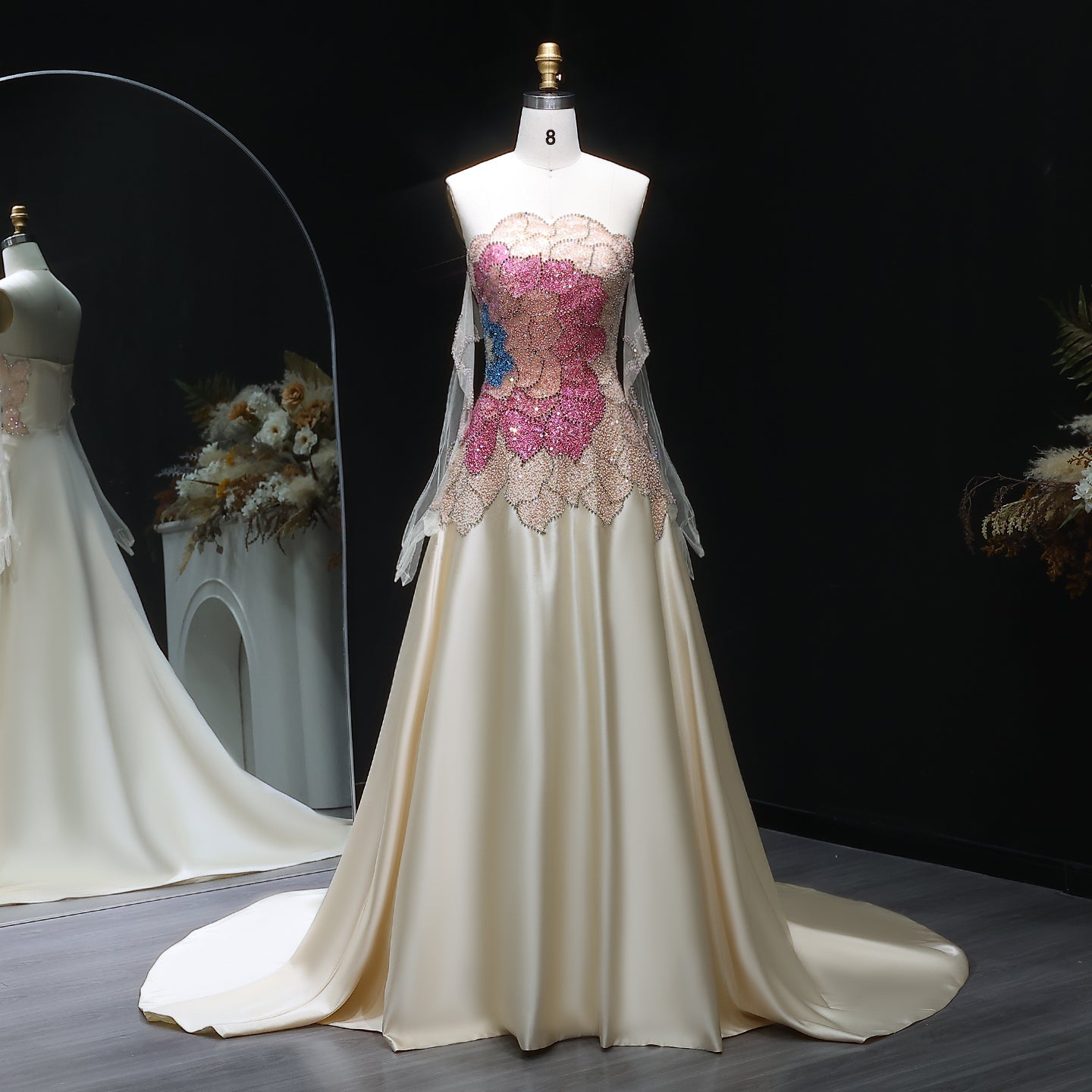 Elegant Strapless Beaded Evening Dress with Gloves SS513