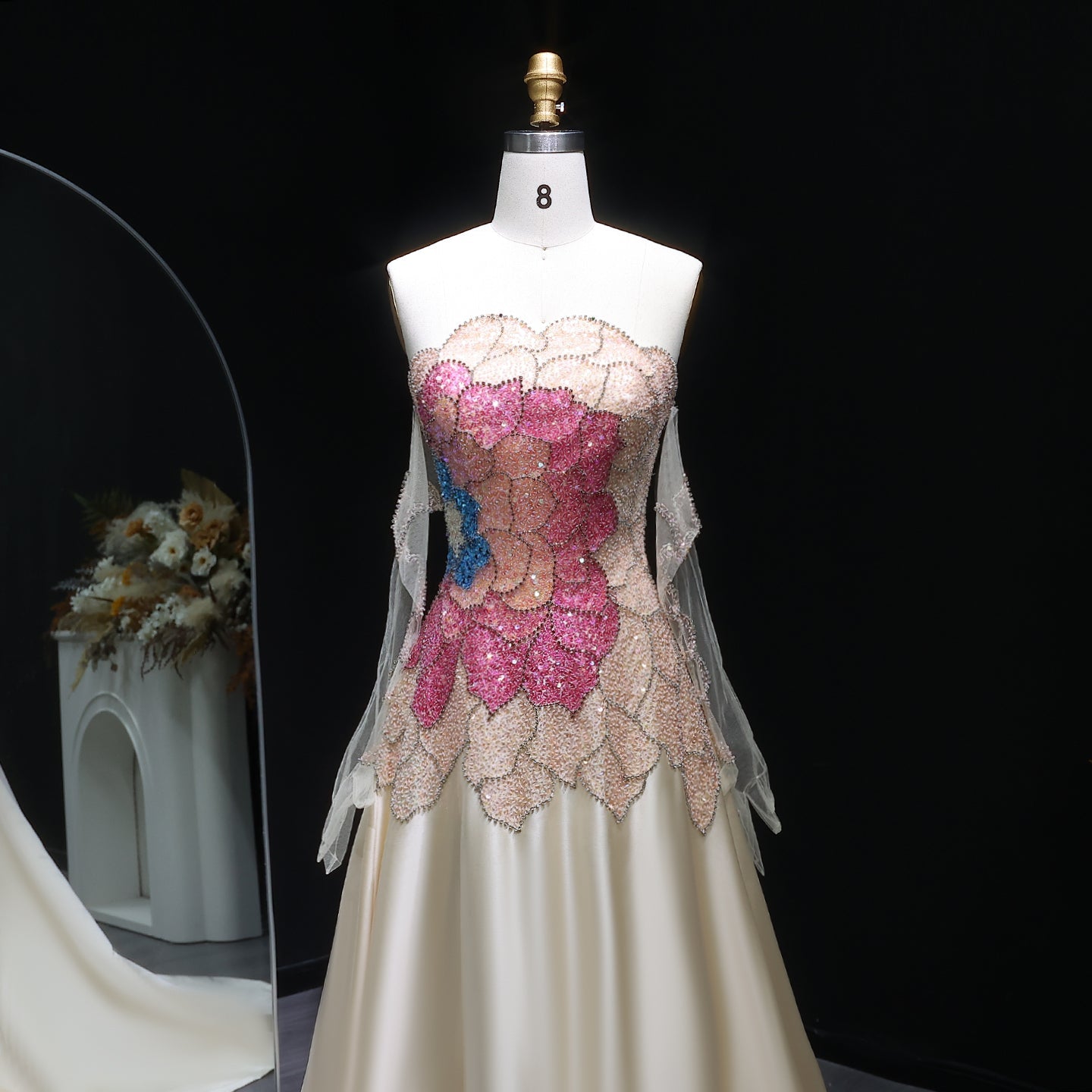 Elegant Strapless Beaded Evening Dress with Gloves SS513