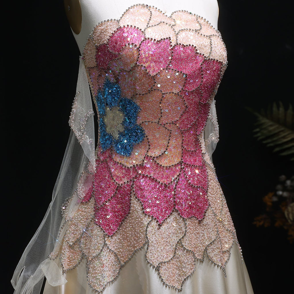 Elegant Strapless Beaded Evening Dress with Gloves SS513
