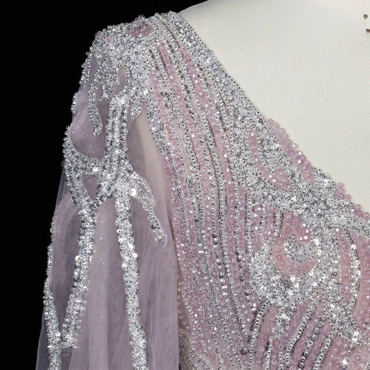 Glamorous Pink Allover Beaded Sheer Tulle Bubble Sleeve Formal Evening Dress SS057