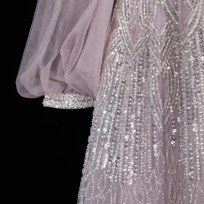 Glamorous Pink Allover Beaded Sheer Tulle Bubble Sleeve Formal Evening Dress SS057