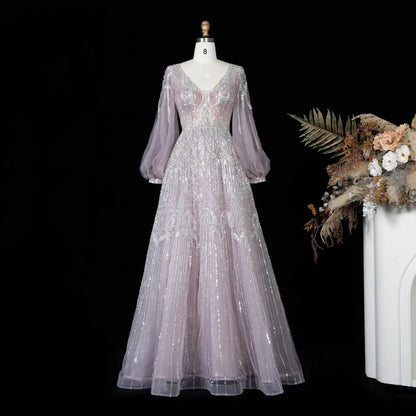 Glamorous Pink Allover Beaded Sheer Tulle Bubble Sleeve Formal Evening Dress SS057