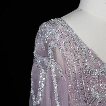 Glamorous Pink Allover Beaded Sheer Tulle Bubble Sleeve Formal Evening Dress SS057
