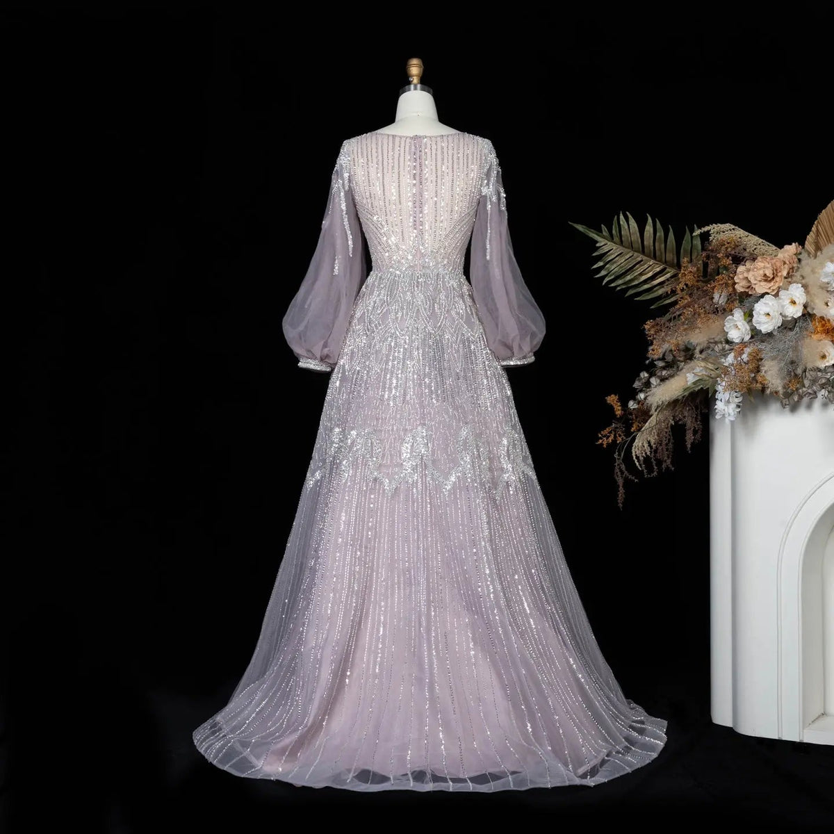 Glamorous Pink Allover Beaded Sheer Tulle Bubble Sleeve Formal Evening Dress SS057