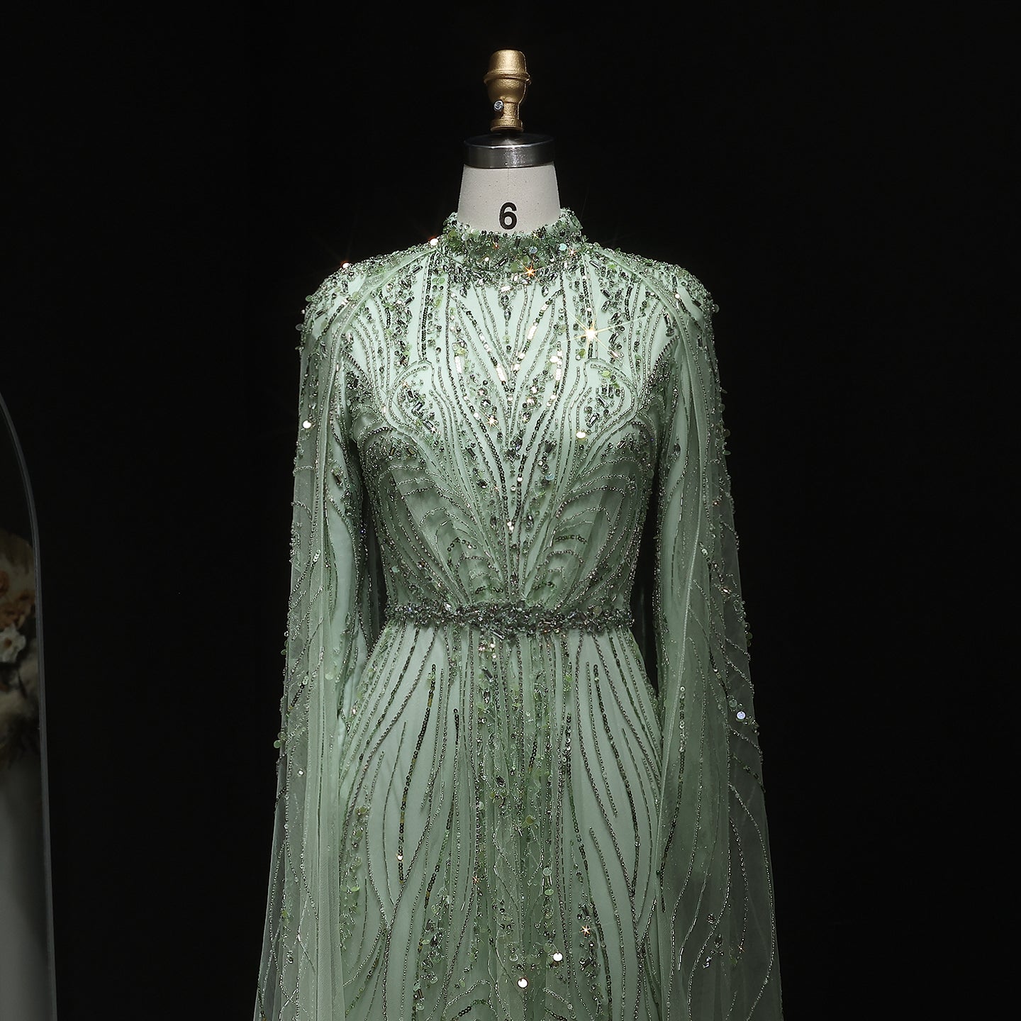 Luxury Champagne Long Sleeve High Neck Evening Dress with Cape SS366