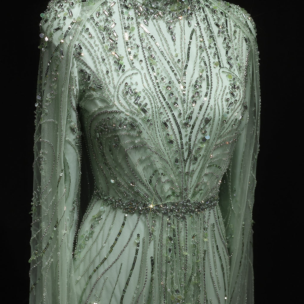 Luxury Champagne Long Sleeve High Neck Evening Dress with Cape SS366