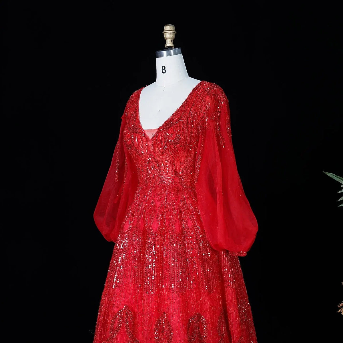Glamorous Pink Allover Beaded Sheer Tulle Bubble Sleeve Formal Evening Dress SS057