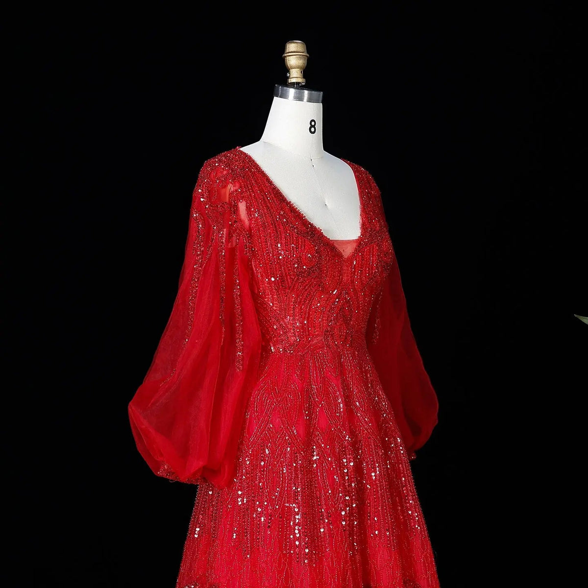 Glamorous Pink Allover Beaded Sheer Tulle Bubble Sleeve Formal Evening Dress SS057