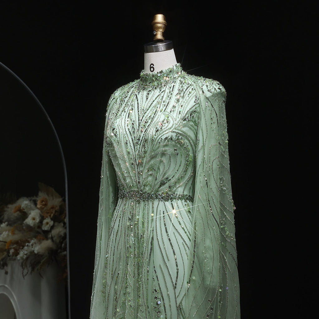 Luxury Champagne Long Sleeve High Neck Evening Dress with Cape SS366
