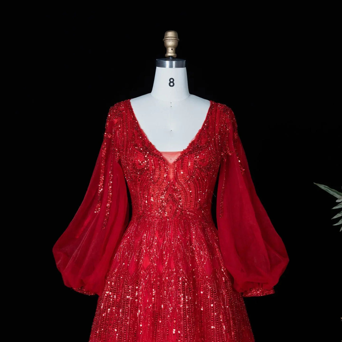 Glamorous Pink Allover Beaded Sheer Tulle Bubble Sleeve Formal Evening Dress SS057