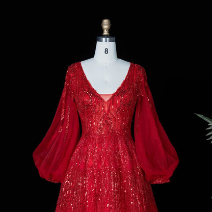 Glamorous Pink Allover Beaded Sheer Tulle Bubble Sleeve Formal Evening Dress SS057