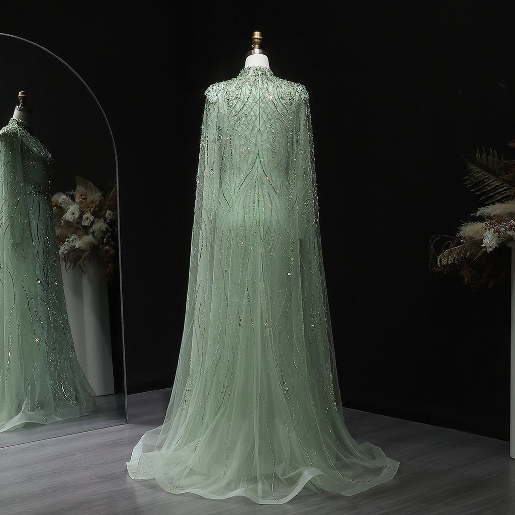 Luxury Champagne Long Sleeve High Neck Evening Dress with Cape SS366