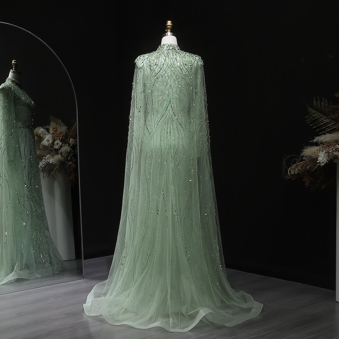 Luxury Champagne Long Sleeve High Neck Evening Dress with Cape SS366