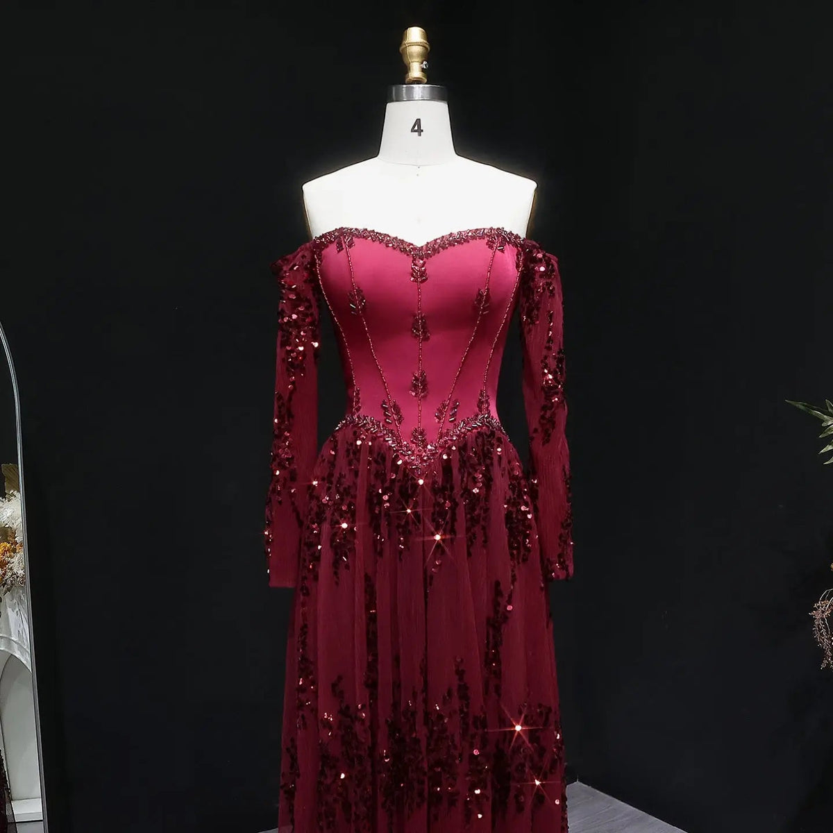Luxury Beige Crystal Beaded Mesh Long Sleeve Evening Dress SS628