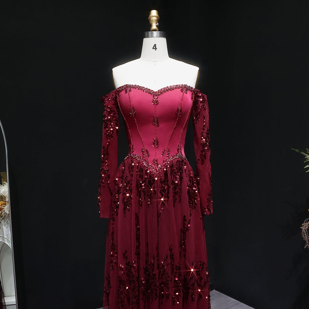 Elegant Beige Crystal Beaded Mesh Sleeve Evening Dress SS628
