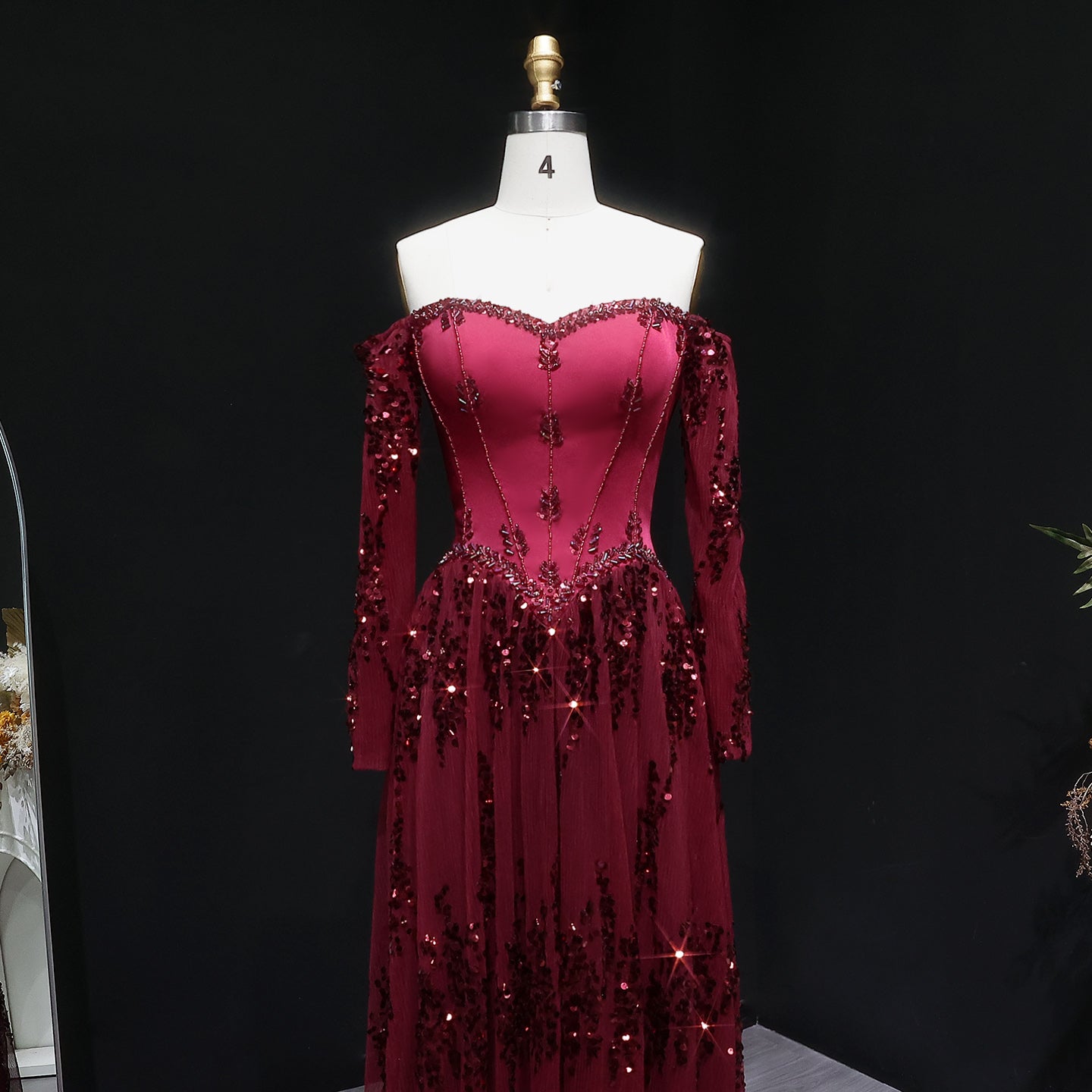 Elegant Beige Crystal Beaded Mesh Sleeve Evening Dress SS628