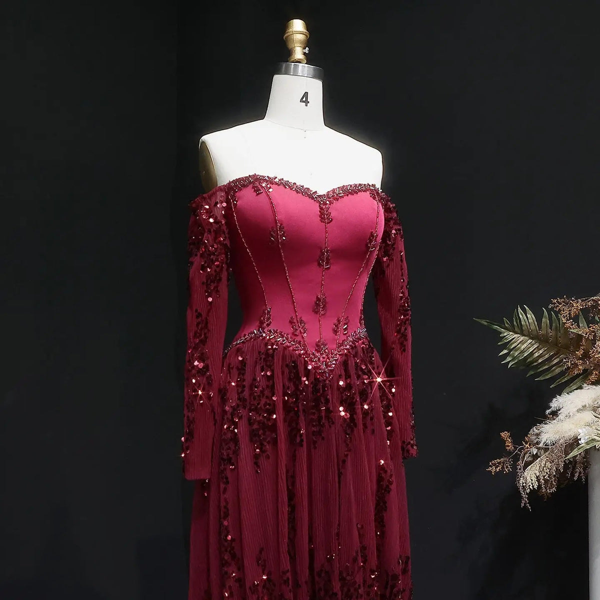 Luxury Beige Crystal Beaded Mesh Long Sleeve Evening Dress SS628