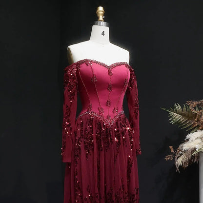 Luxury Beige Crystal Beaded Mesh Long Sleeve Evening Dress SS628