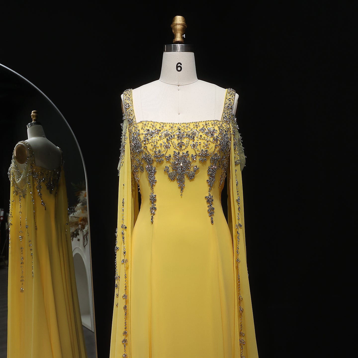 Luxury Crystal Royal Blue Evening Dress with Cape Sleeve SS305