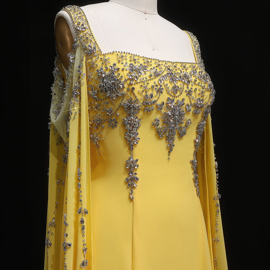 Luxury Crystal Royal Blue Evening Dress with Cape Sleeve SS305